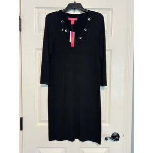 Catherine Malandrino‎ Dress Size M Black Knit V Neck Grommets 3/4 Sleeve - 270